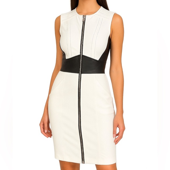 bebe | Dresses | Bebe White Mini Dress With Black Leather Accent Xs |  Poshmark